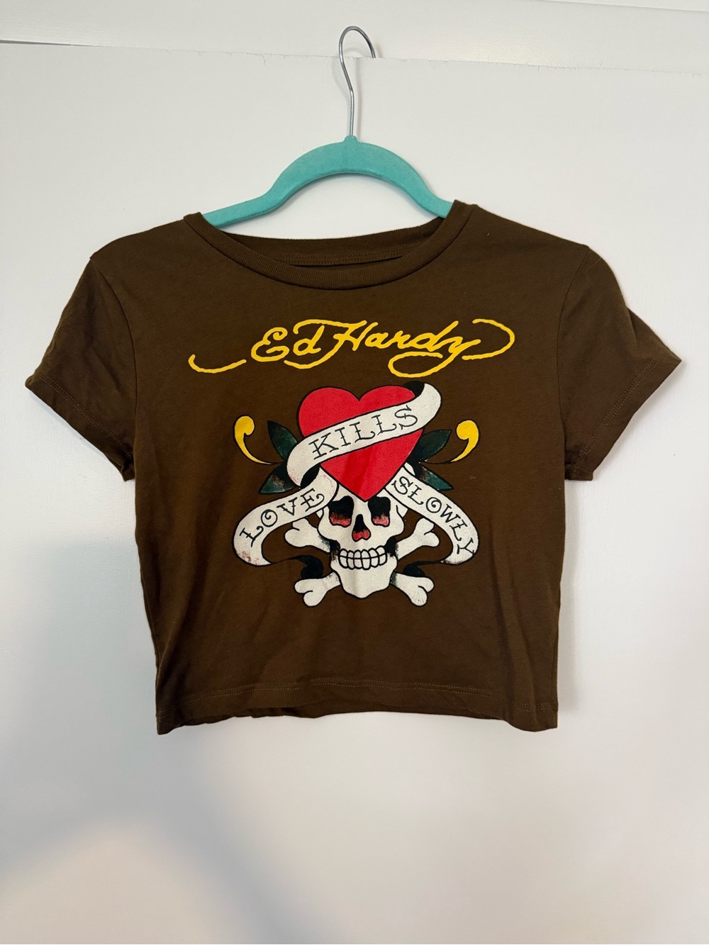Ed Hardy Brown Crop Tee with Red Heart & Skull Graphic
